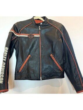 Harley-Davidson Women’s Leather Jacket Black/Orange Logo Lined Biker Coat Small
